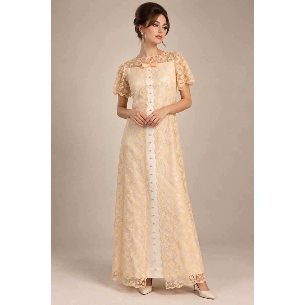 Vintage Maxi Dress Women M Peach Lace Satin Bow Floral 60s Evening Alt wedding